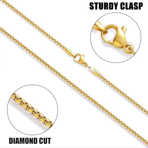 Fiusem Box Chain for Men, Silver Tone/14K Gold Plated/Black Stainless Steel Necklace for Men and Women, Width 2/2.5/3/4/5mm, Length 18-28 Inches