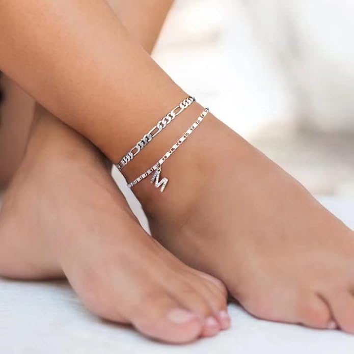 Ursteel Ankle Bracelets for Women, 14K-Gold-Plated Dainty Layered Chain CZ Initial Anklets Set Summer Jewelry Gifts for Women