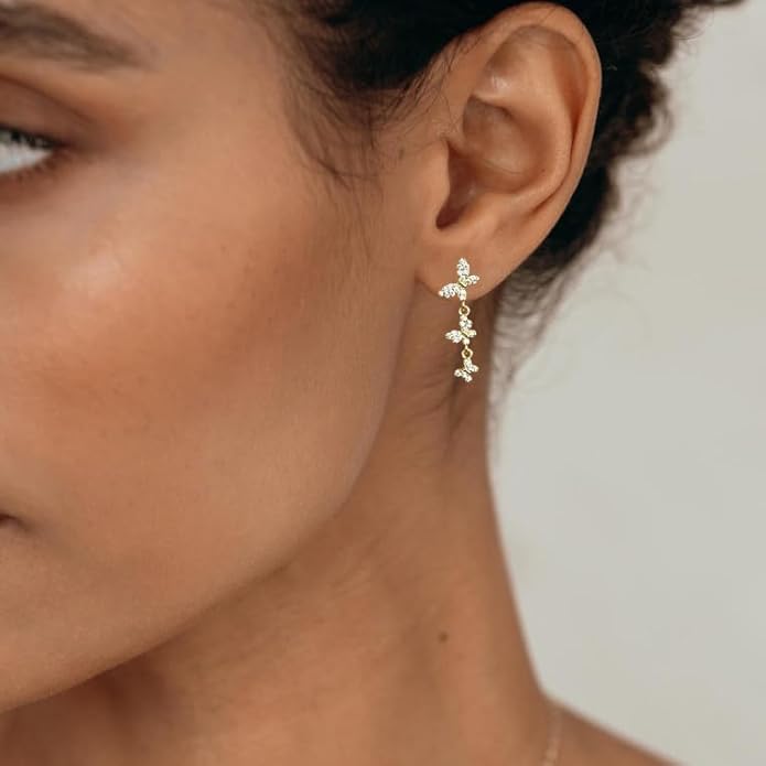14K Gold Plated Butterfly Dangle Earrings for Women - Dainty, Trendy, Hypoallergenic CZ Drop Earrings - Simple Long Dangling Jewelry