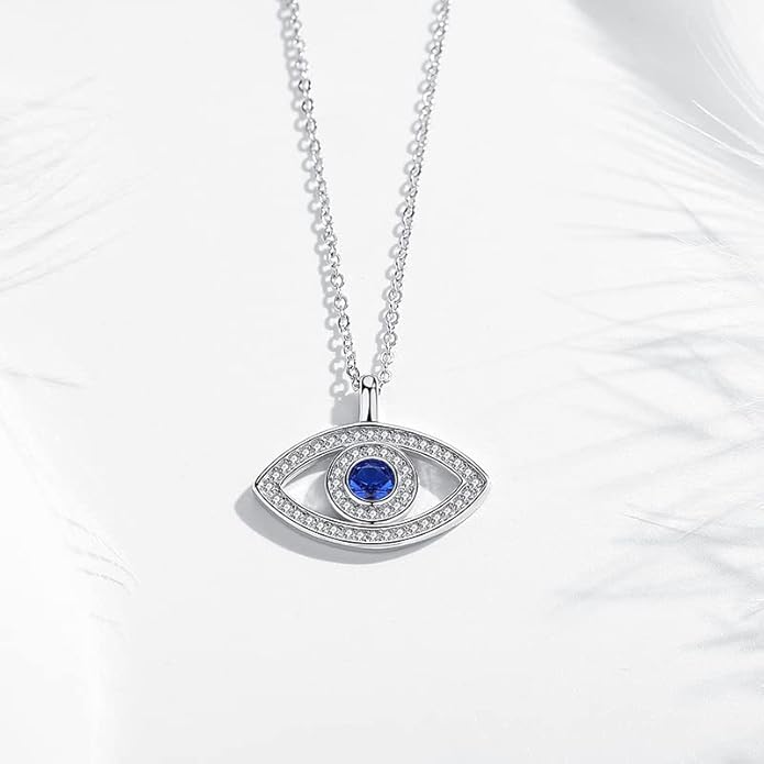 Solid 14K Gold Over 925 Silver Evil Eye Pendant Necklace,Dainty Moissanite and Sapphire Devil's Eye Protection Necklace,Lucky Jewelry Gift for Women