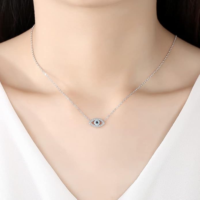 Solid 14K Gold Over 925 Silver Evil Eye Pendant Necklace,Dainty Moissanite and Sapphire Devil's Eye Protection Necklace,Lucky Jewelry Gift for Women