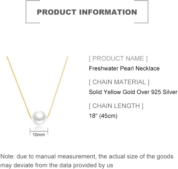 Solid 14K Gold Over 925 Silver Pearl Necklace for Women,Dainty Freshwater Cultured White Pearl Pendant Necklace,Fashion Jewelry Gift for Her