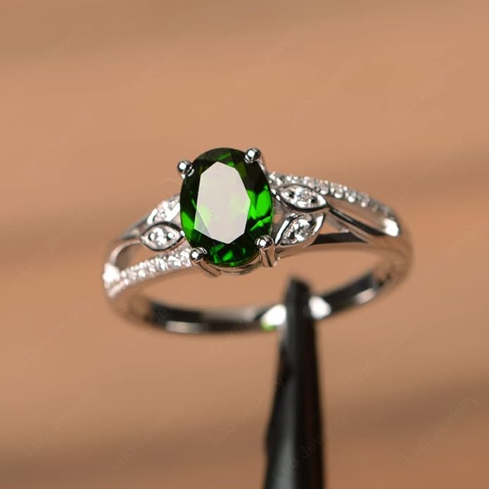 925 Sterling Silver Oval Shaped 8X6 MM Gemstone Ring Leaf Engagement Ring for Women Jewelry