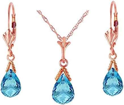 Galaxy Gold GG 14k Solid Gold Jewelry Set: Natural Briolette Blue Topaz Pendant Necklace and Dangle Earrings