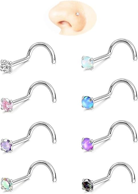 Nose Rings Studs: 8Pcs 20G Gold/Silver 316L Surgical Stainless Steel Nose Studs Hypoallergenic Corkscrew Nose Piercing Stud Jewelry for Women Men Clear Cubic Zirconia Imitation Diamond Top Size 1.5mm 2mm 2.5mm 3mm