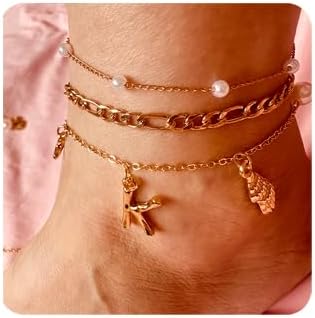 Initial Charm Anklets For Women Shell Letter Anklets Set Gold Charms Pendant Boho Summer Seashell Beach 14k Jewelry for Women Gift