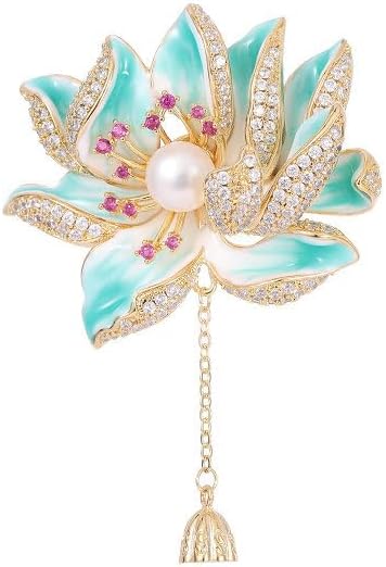 14K Gold Natural Peal Brooch with Lotus Design, High-End Elegant Vintage Chinese Style Accessory, Pearl Flower Brooch, Rhinestone/Crystal Brooches for Women