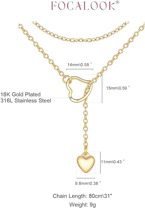 FOCALOOK Lariat Y-Necklaces | Long Necklaces for Women | Long Black Necklaces | Gold Necklaces for Women | Drop Heart Necklaces for Women | Front Adjustable Long Chain Necklace