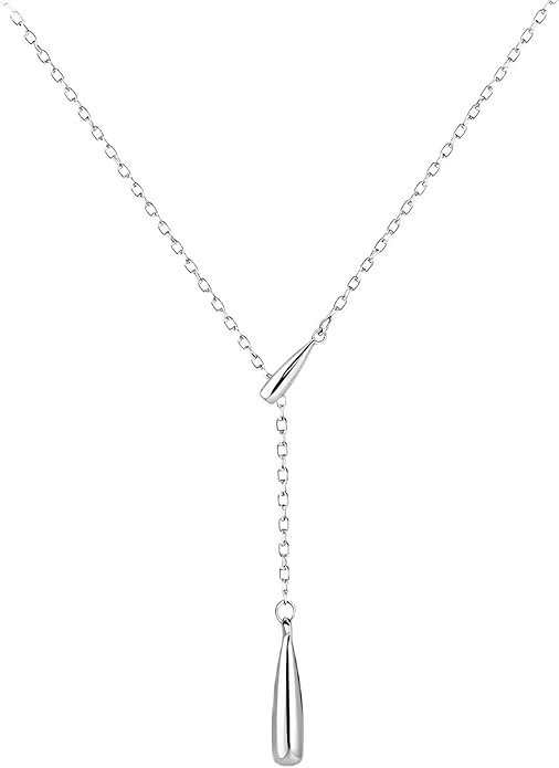 Dew-drop Lariat Y-Shaped Silver Necklace for Women, 925 Sterling Silver, Non Tarnish, Trendy, Simple Drop Dangle Charm Chain Jewelry Gift for Women