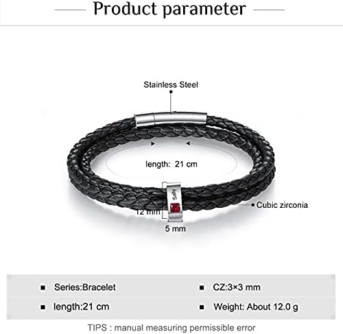 kaululu Custom Leather Bracelet for Men with 1/2/3/4/5/6/7/8 Birthstones Engraved Stainless Steel Beads Personalized Names Bracelet for Father's Day Christmas Thanksgiving Gift for Men
