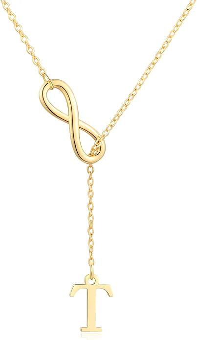 FUNEIA Gold Initial Necklaces for Women Trendy Dainty Long 14K Gold Plated Infinity Lariat Letter Necklace Non Tarnish Friendship Personalized Name Drop Pendant Y Necklace Stack Jewelry Gift