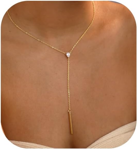 Gold Necklace for Women, Dainty Gold Long Necklaces 14k Gold Plated Prom Bar CZ Lariat Necklace Simple Choker Necklaces for Women Trendy Boho Fashion Costume Jewelry Womens