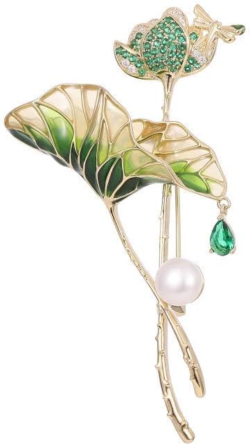 14K Gold Lotus Leaf Brooch with Sparkling Moissanite & Pearl, Elegant Flower Design - Unique Jewelry Gift for All Occasions