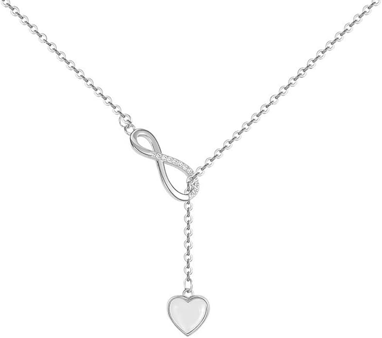 Infinity Lariat Y-Necklace for Women 925 Sterling Silver Love Heart Mother of Pearl Pendant Long Link Chain Necklaces Adjustable Delicate Wedding Birthday Valentines Jewelry Gift 20 inches