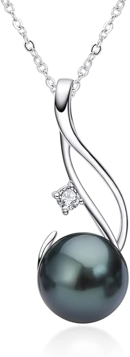 DENGGUANG Tahitian Black Pearl Necklace for Women Genuine 9-10mm Round Tahitian Cultured Pearls Pendant 18K Gold Plated 925 Sterling Silver - Jewelry Gifts for Mom Wife Daughter