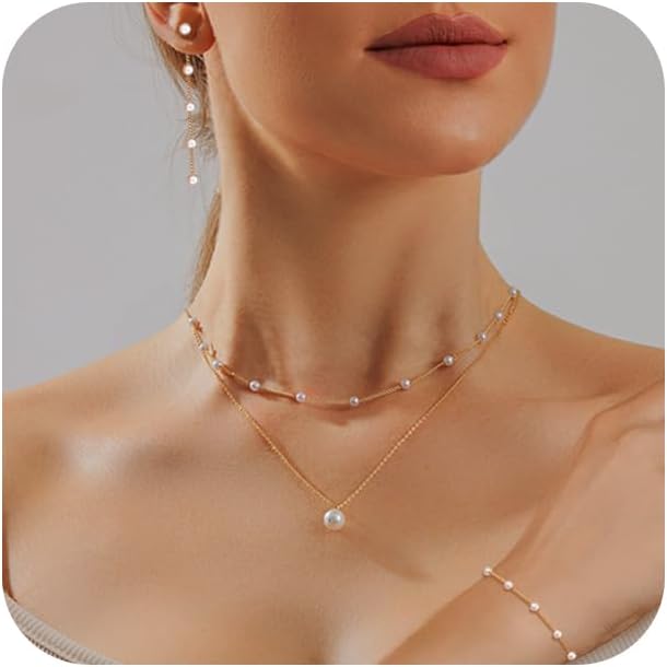 Gold Jewelry Set for Women - Dainty 14K Gold/Silver Plated Pearl Choker Necklace, Drop Earrings & Bracelets - Wedding Trendy Pearl Jewelry Gift