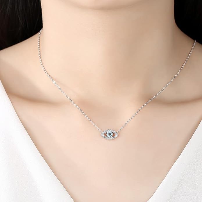 Solid 14K Gold Over 925 Silver Evil Eye Pendant Necklace,Dainty Moissanite and Sapphire Devil's Eye Protection Necklace,Lucky Jewelry Gift for Women