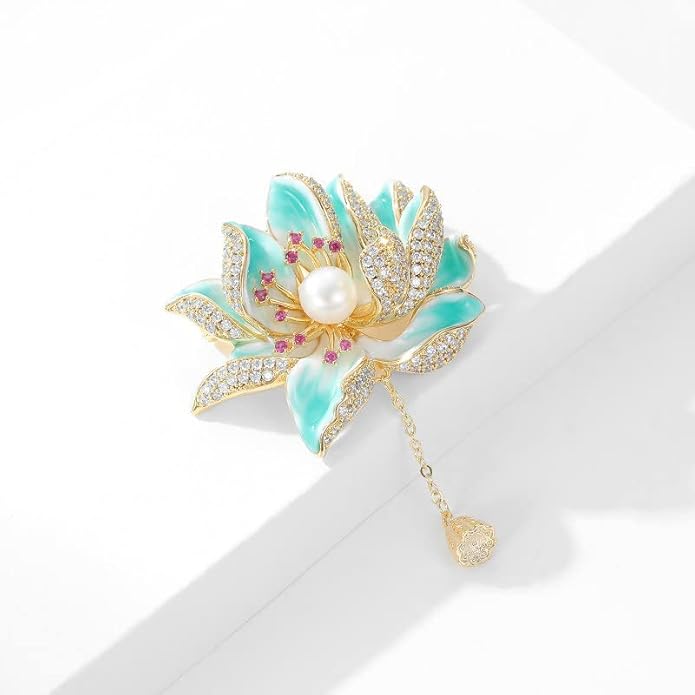 14K Gold Natural Peal Brooch with Lotus Design, High-End Elegant Vintage Chinese Style Accessory, Pearl Flower Brooch, Rhinestone/Crystal Brooches for Women