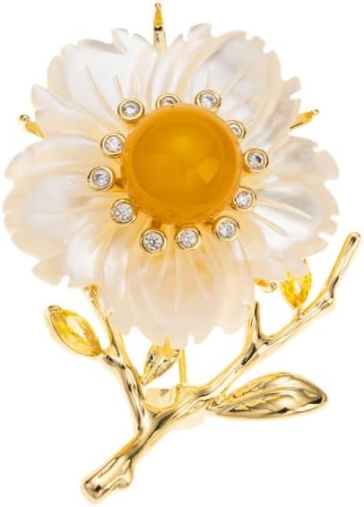14K Gold Natural Freshwater Pearl Flower Moissanite Brooch, Minimalist Camellia Corsage with Turquoise/Agate, Unique Pin for Suit Accessory, An Elegant Gift
