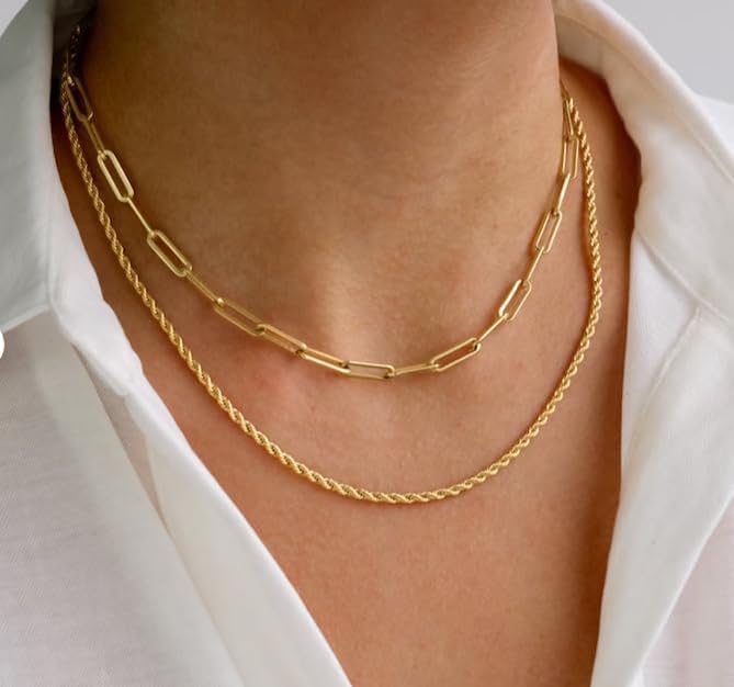 14K Gold Plated Layering Necklaces For Women Gold Necklace Set, Cuban Link, Snake Chain, Paperclip Layered Chains, Twisted Rope and Twisted Chain, Trendy Layering Necklace