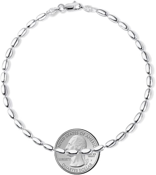 Savlano 925 Sterling Silver Oval Rice Bead Strand Chain Bracelet For Women - Made in Italy Comes Gift Box