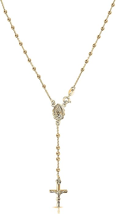 Savlano 925 Sterling Silver Italian Solid Bead Chain Cross & Rosary Virgin Mary Pendant -18K Gold Plated Y Necklace Comes With Gift Box for Women - Made in Italy