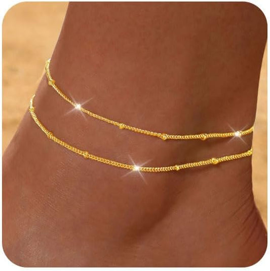 FUNEIA Gold Silver Ankle Bracelets for Women Waterproof 14K Gold Plated Anklets for Women Non Tarnish Dainty Layered Beaded Heart Anklet Set Summer Beach Foot Chain Jewelry Gifts Trendy Stuff