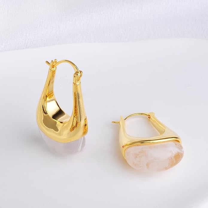 Vintage Gold Hoops Earrings for Women,Brown White Blue Pink Chunky Dangle Drop Jewelry with Resin Gemstones, Trendy Statement Earrings for Beach,Party, Vintage Gift for Travel Maximalist Jewelry