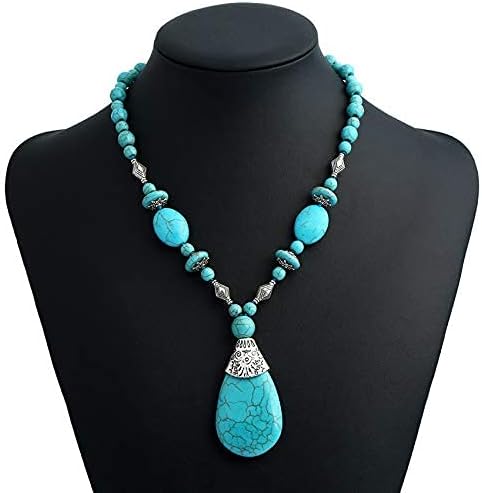 Bohemian Turquoise Necklace Set - Women's Western Jewelry with Long Choker, Pendant, Dangle Earrings, Layered Bracelets