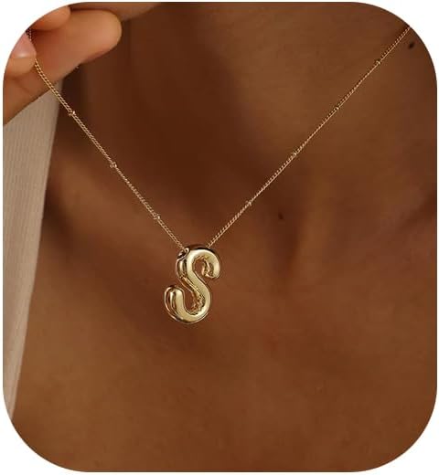 Initial Necklaces for Women, 14k Gold Plated Bubble Letter Necklace Chunky Gold Necklace Dainty Charm Initial Necklaces for Women Trendy Custom Preppy Stocking Stuff Necklace Christmas Gifts