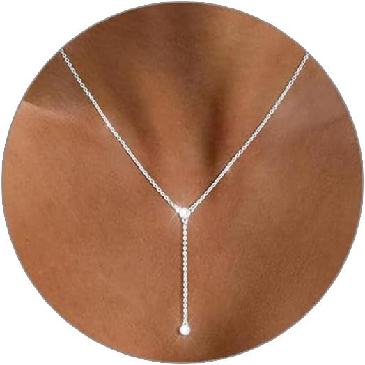 Luxval Lariat Silver Necklace for Women, Dainty Long Necklace Silver Y-Shaped Pendant Necklaces Trendy Beaded Chain Drop Necklaces Jewelry for Women Gifts
