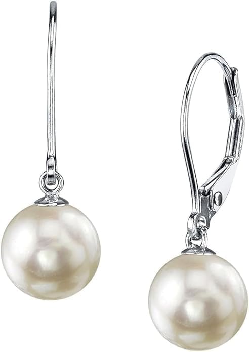 THE PEARL SOURCE 7.5-8.0mm White Japanese Akoya Real Pearl Earrings for Women - 14k Gold Leverback Earrings | Earrings with Genuine Cultured Pearls Pearl Gifts for Christmas, Holidays and Anniversary