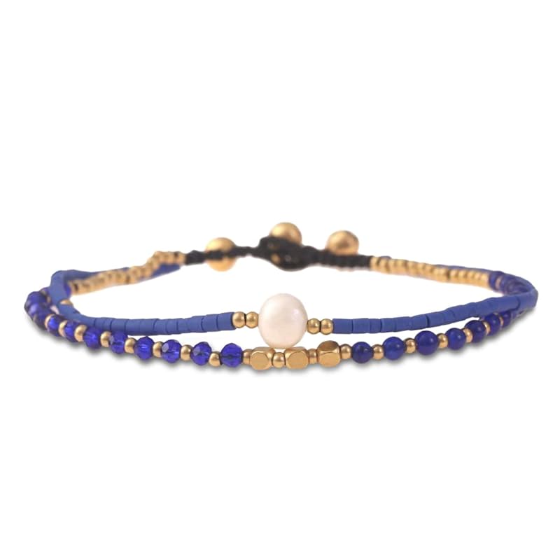 Made by Nami Boho Surfer Anklet Waterproof & Adjustable Beaded Anklets for Women Beachy Ankle Bracelet Made from Waxed Cotton Rope and Beads for Summer and Hippie Style (Blue Pearl)