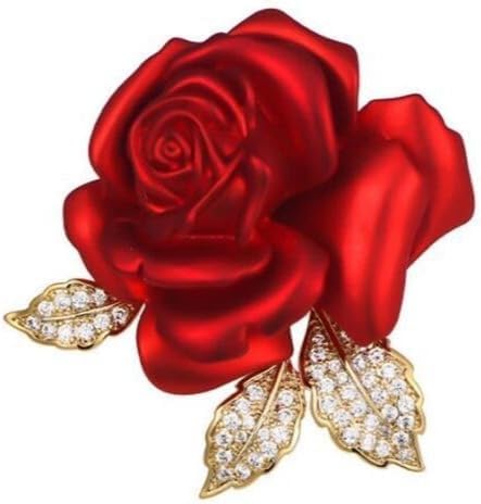 Just Follow Red Rose Flower Brooch with Rhinestones Sparkling Floral Pin for Women Vintage Blazer Jacket Dress Hat Scarf Accessory