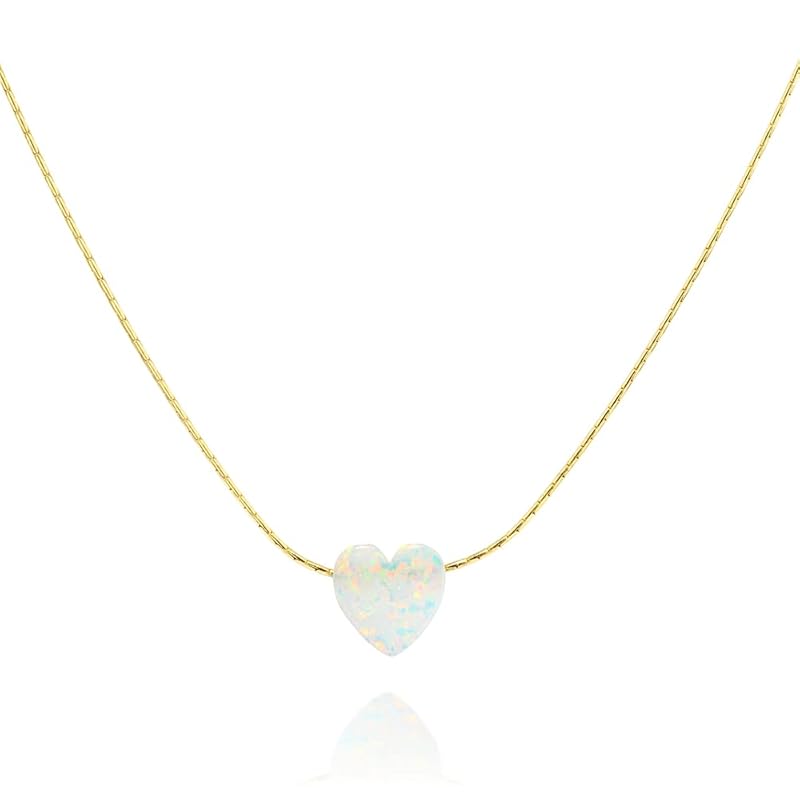 14K Gold Filled White Opal Heart SHORT Choker Necklace - Designer Handmade Necklace for women - 13.5 inch + 3 inch Extender (gold filled, white)