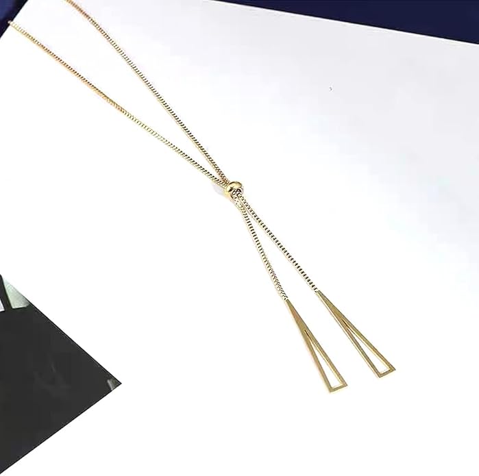 14K Gold Statement Y Necklace for Women,Dainty Double Triangle Pendant Necklace Long Link Chain Lariat Collar Necklace Minimalist Jewelry Gifts