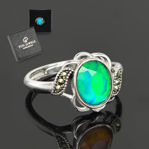 Vintage Style Flower Multi Color Change Oval Facet Crystal Stone Brass Mood Ring Size Adjustable For Women