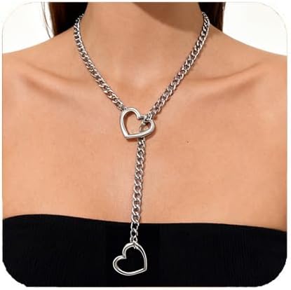 Artmiss Statement Chain Necklace Thick Link Choker with Heart Pendant Heavy Stainless Steel Industrial Unisex Statement Jewelry Gift for Women Men