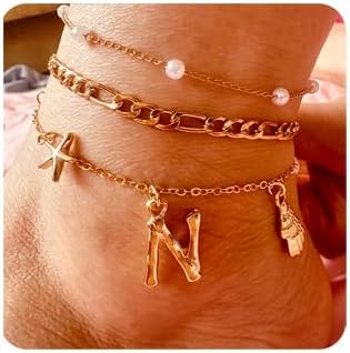 Initial Charm Anklets For Women Shell Letter Anklets Set Gold Charms Pendant Boho Summer Seashell Beach 14k Jewelry for Women Gift