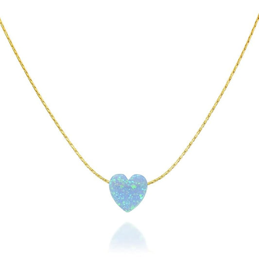 Blue Opal Heart on 14K Gold Filled Choker Necklace - Designer Handmade Thin Collar for Women - Length: 13.5 inch + 3 inch Extender (gold filled, blue)