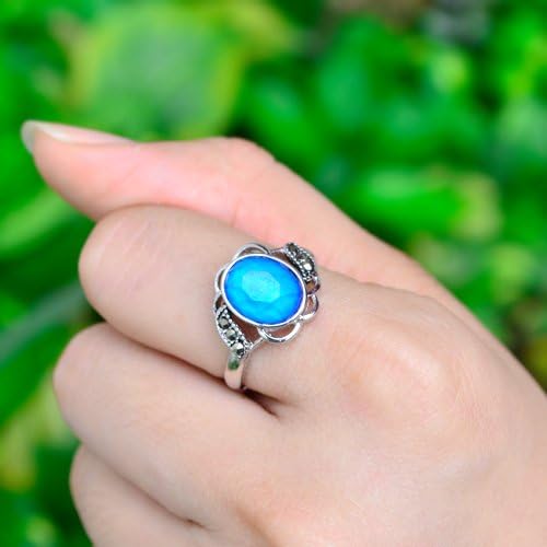 Vintage Style Flower Multi Color Change Oval Facet Crystal Stone Brass Mood Ring Size Adjustable For Women