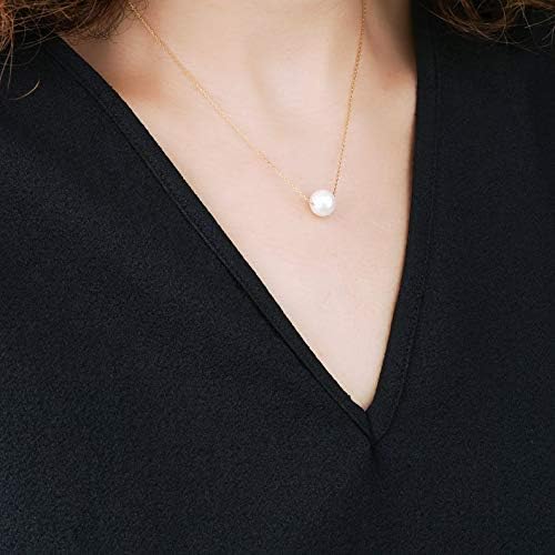 14K Solid Gold Pearl Necklace for Women, Real Freshwater Cultured Pearl Pendant Necklace 7.5mm Dainty Single Sliding Pearl Design Adjustable Necklaces Fine Jewelry Gift for Her, Mom, Wife 16"-18"