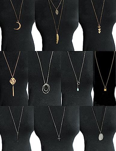 10Pcs Long Pendant Necklace Simple Moon Bar Three Triangle Tassel Lock Sweater Y Shape Punk Chain Choker Necklace for Women Men Gold Silver Plated