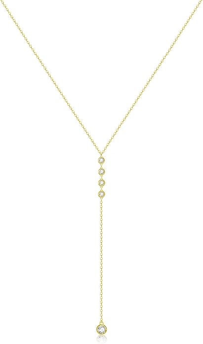 Zeffy Lariat Gold Necklace for Women, Dainty Long Necklace 14k Gold/Silver Plated Layered CZ Beaded Bar Chain Y-Shaped Body Chain Stack Drop Wedding Necklace Trendy Simple Gold Jewelry Gifts