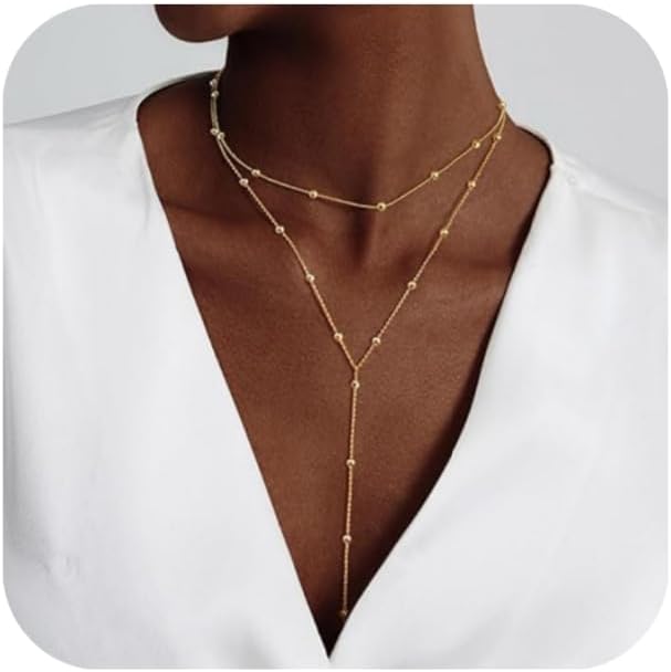 14K Gold Plated Y Necklace for Women – Dainty Lariat Long Pendant Chain, Layered Drop Necklace for V Neck Dress, Simple Sexy Cleavage Jewelry Gifts for Women
