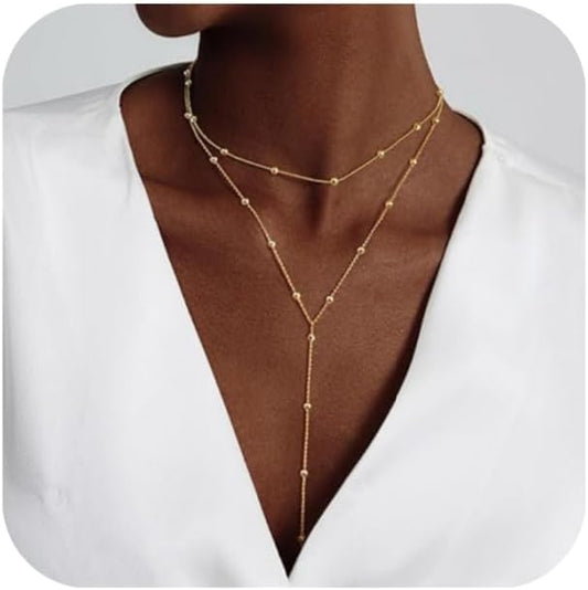 14K Gold Plated Y Necklace for Women – Dainty Lariat Long Pendant Chain, Layered Drop Necklace for V Neck Dress, Simple Sexy Cleavage Jewelry Gifts for Women