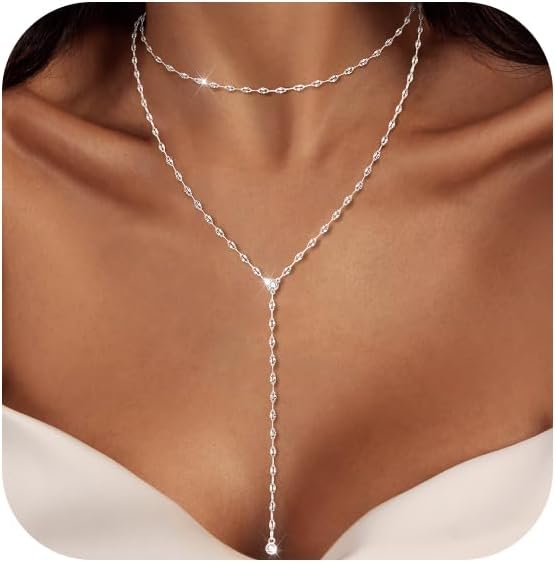 Luxval Lariat Gold Necklace for Women, Dainty Long Necklace 14k Gold Plated/Silver Y-Shaped Pendant Necklaces Trendy Beaded Chain Drop Necklaces Jewelry for Women Gifts