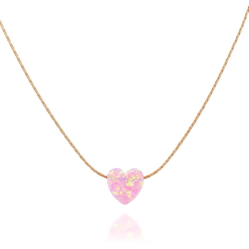Pink Opal Heart on Rose Gold Filled Choker Necklace - Designer Handmade Necklace for Women - Length: 13.5 inch + 3 inch Extender (rose gold filled, pink)