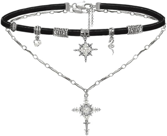 Retro stylish Star Cross Pendant Necklace Faux Leather Women's Collar Personalized Double Layer Necklace M2592