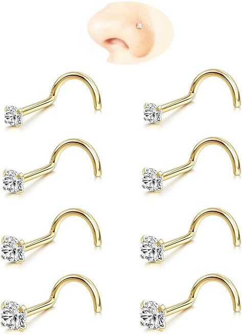 Nose Rings Studs: 8Pcs 20G Gold/Silver 316L Surgical Stainless Steel Nose Studs Hypoallergenic Corkscrew Nose Piercing Stud Jewelry for Women Men Clear Cubic Zirconia Imitation Diamond Top Size 1.5mm 2mm 2.5mm 3mm
